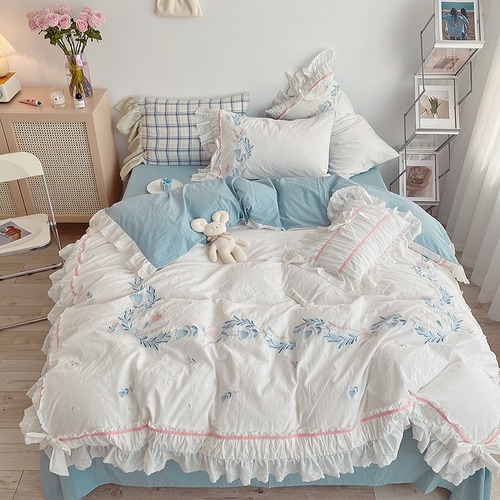 100% Cotton  Blue Embroidery Lace Bedding SetBed Linen Quilt Set Twin DuvetCover - Picture 1 of 13