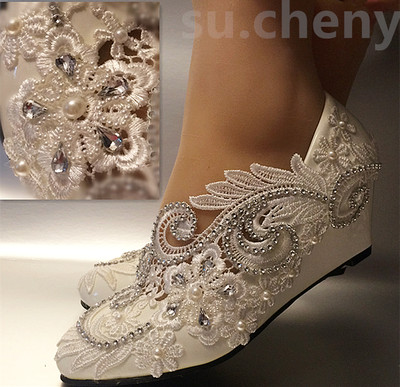 White ivory wedge pearls lace crystal Wedding Bridal