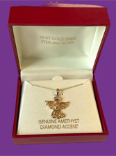 VINTAGE 18K GOLD OVER STERLING SILVER GEN. AMETHYST DIAMOND ACCENT ANGEL PENDANT