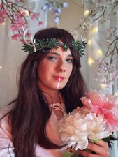 Green Fairy Antler Crown - Handmade Woodland Elf Crown Forest Flower Headpiec...