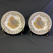 CHURCHILL Myott Wild Turkey SALAD PLATES THANKSGIVING Sepia 8" Gray Border Set 2