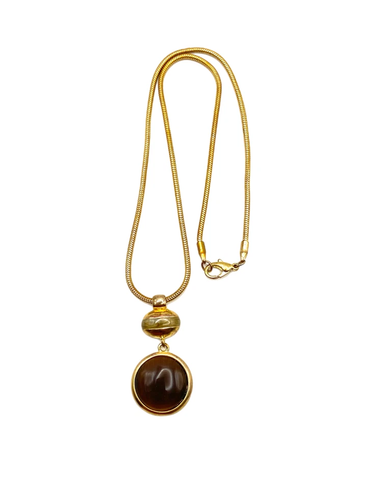 Kenneth Cole Brown Tiger's Eye Round Glass Pendant Necklace Gold Tone 16" Enamel - Image 2 of 4
