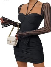 Black Sexy Dress for Women 2024 Contrast Mesh Halter Bodycon Mini Party Dress XS
