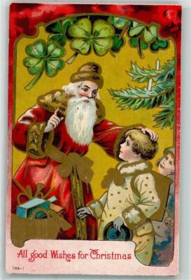 13282624 - Red Fur Hat Kids Gold Print Shamrock Merry Christmas Coat