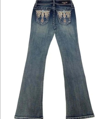 New! Youth girl's Grace In LA's EAGLE DETAIL BOOT CUT DENIM JEANS in 6 SIZES! - Picture 2 of 10