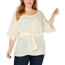 NY Collection Womens Plus 3X Yellow White Mixed Striped Tie Waist Top NWT