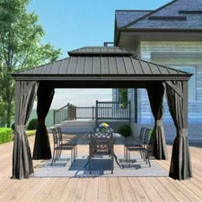 Domi 10x12Ft Hardtop Gazebo Double Roof w/Curtain&Netting,Built-in gutter system