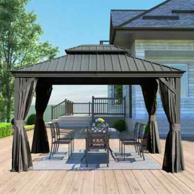 Domi 10x12Ft Hardtop Gazebo Double Roof w/Curtain&Netting,Built-in gutter system
