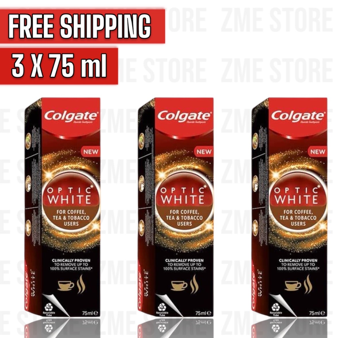 3X Colgate Optic White For Coffee, Tea & Tobacco Users Toothpaste, 75ml