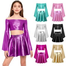 Kids Girls Set Stage Suit Party Outfit Hip Hop Holiday Crop Top Costume Shiny