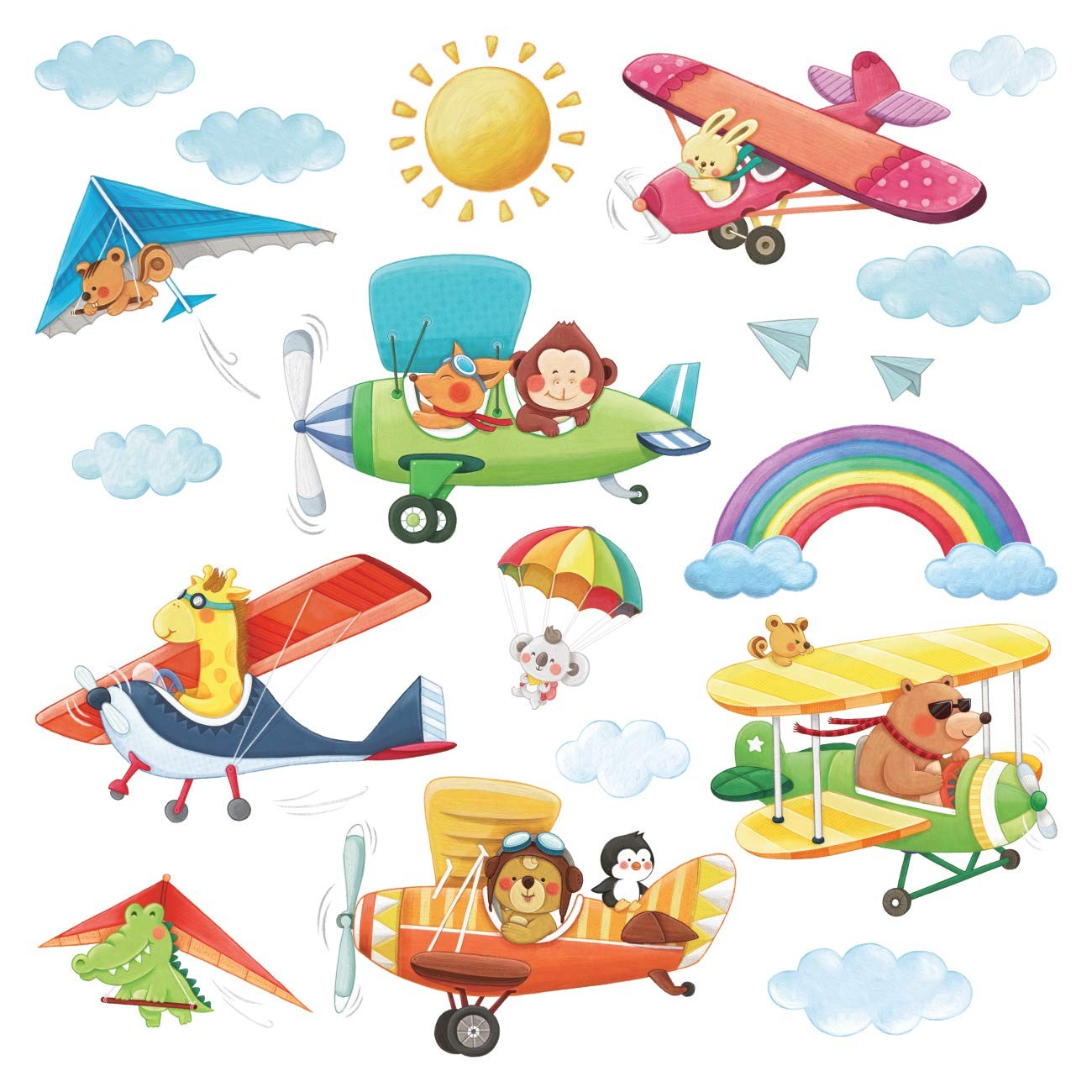 Sticker mural avion biplan et animaux pour decorer la chambre bebe