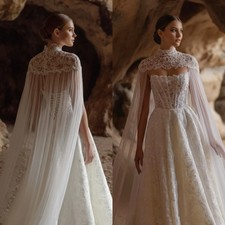 Lace High Neck Sparkling Wedding Dress Detachable Cloak Style Bride Dress Tight