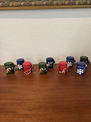 Nine (9) Vintage Christmas Holiday Spice/ Treat Jars With Wooden Spoon And Lids