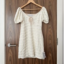 ASOS Design Cream Puff Sleeve Textured Frill Tie Front Mini Dress UK 14 NEW £32