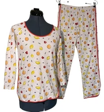 Lake Womens Pima Cotton Pajama Set Fruit  Red Trim Pullover Top Pull on Pant M