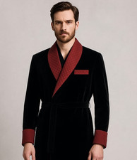 Men  s Black Velvet Smoking Jacket Robe Quilted Shawl Collar Lounge