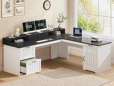 63" L Shaped Desk with Drawers, Farmhouse Office Desk, Wood Corner Computer Desk