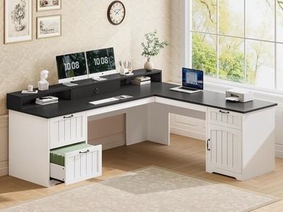 63'' L Shaped Desk with Drawers, Farmhouse Office Desk, Wood Corner Computer Desk