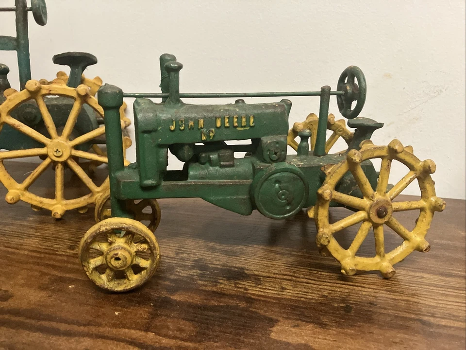 2 Vintage Cast Iron John Deere "OP" Tractor - 12" & 8” Long - Image 3 of 4