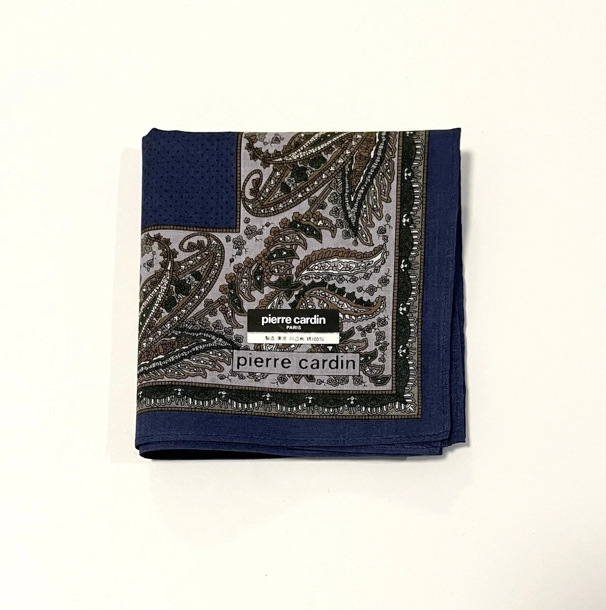 MEN HANDKERCHIEF VTG PIERRE CARDIN CLASSIC ART PAISLEY BLUE COTTON SQUARE 17.5“