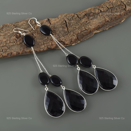 Friendship Day Deal Black Onyx Gemstone Birthday Drop Dangle Earrings 925 Silver - 第 1/6 張圖片