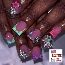 Press on Nails Duck Shaped Glossy Full Cover French and Star Gems Rhinestone