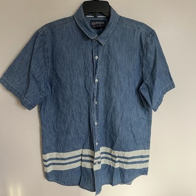 American Rag Mens Size Med Button Up Shirt Blue Denim White Stripes Short Sleeve