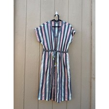 209 WST 38 Dress Small 100% Cotton Striped Button Front Drawstring Midi Boho