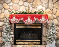  Christmas Candles, Bell and Poinsettia Red Satin 19" X 90" Mantle Scarf