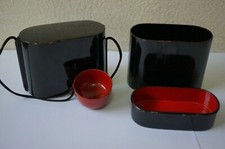 Japanese Bento Box Black Red with Sake Cup Netsuke Antique Original 0519B2G