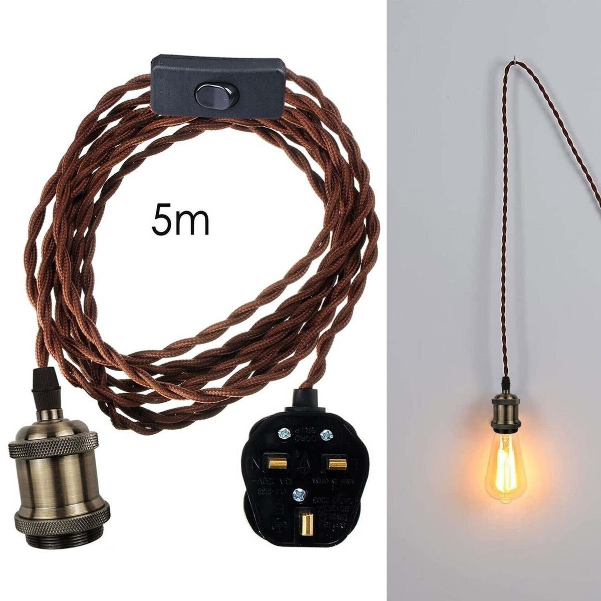 2m Fabric Flex Cable Plug In Pipe Pendant Lamp Light Set With Dimmer E27 Holder