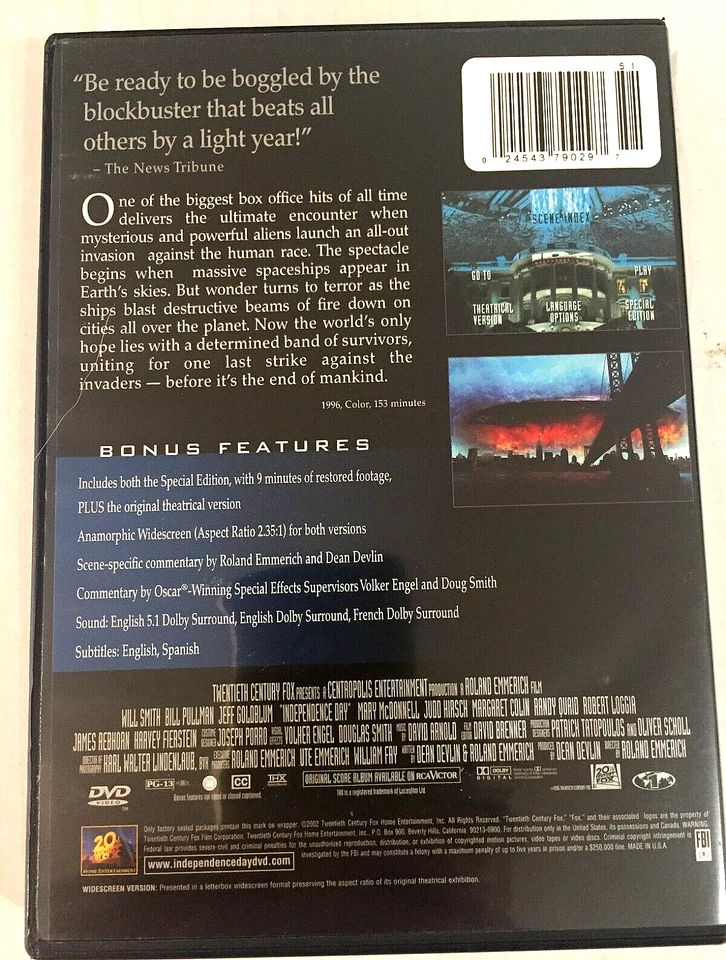 Independence Day Will Smith DVD Ships Same Day With Tracking - Image 2 of 2