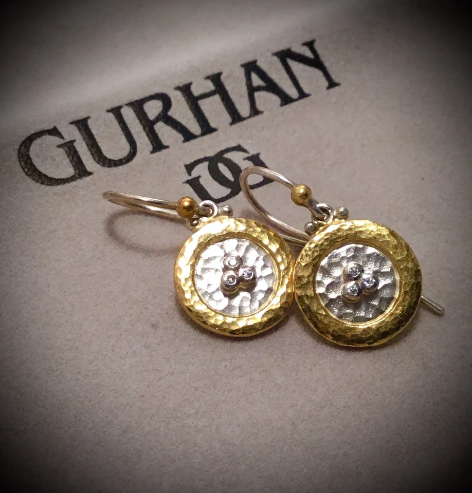 PENDIENTES COLGANTES GURHAN EXUBERANTES DIAMANTES ORO 24K/PLATA ESTERLINA DOS TONOS NUEVOS CON ETIQUETAS  Foto 4 de 4