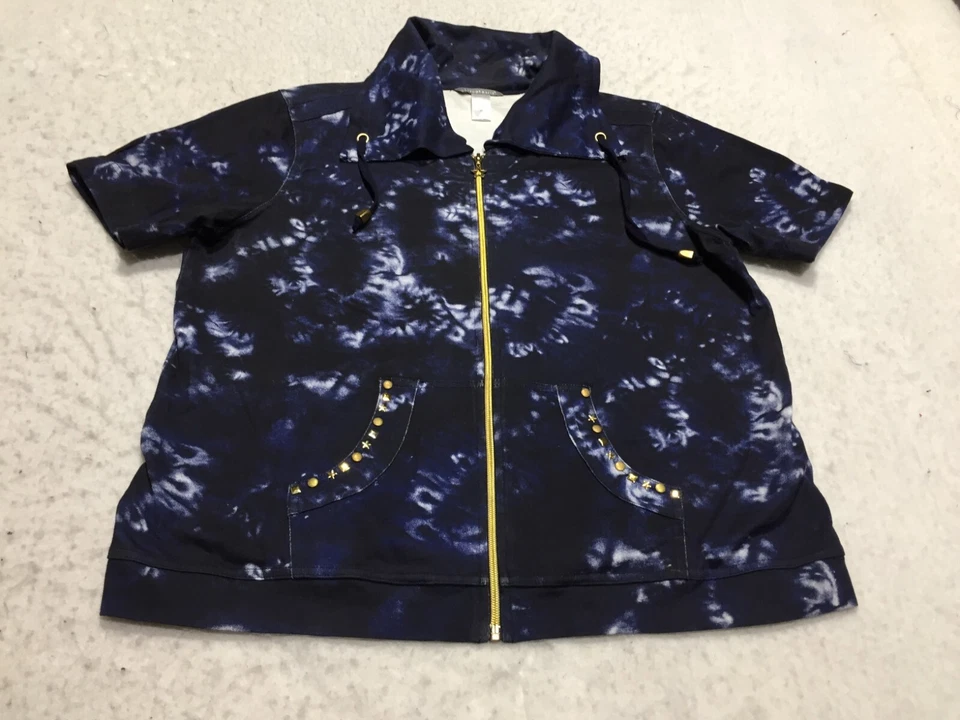 Sudadera Three Hearts Mujer XL Azul Blanco Teñida Cremallera Completa Bolsillos Cortos Tachonados Foto 2 de 4