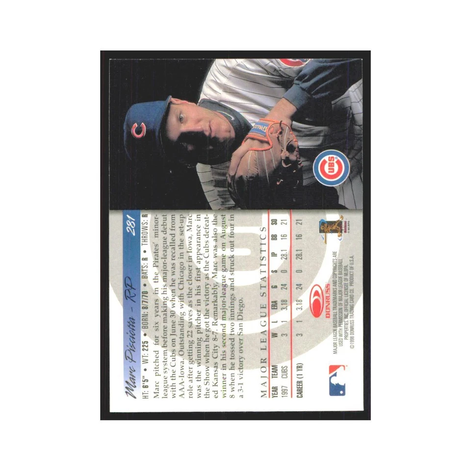 1998 Donruss Marc Pisciotta Cubs #281 - Image 2 of 3