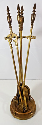 Vintage Elegant Brass Tooled Circular Base Fireplace Tool Set - 3 Piece + Stand