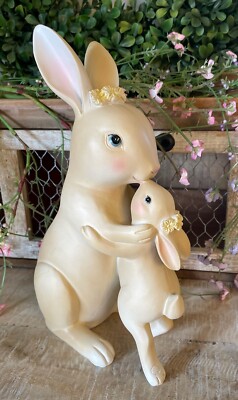 New Spring Easter BUNNY KISSES MAMA BABY RABBIT FIGGURINE Statue Figure 10''