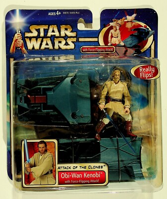2002 Star Wars ATTACK of the CLONES Force-Flipping Attack OBI-WAN KENOBI Figure!