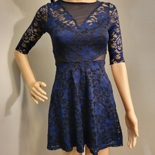 MATERIAL GIRL Blue & Black Lace Overlay Sheer Swing Dress Size X-Small