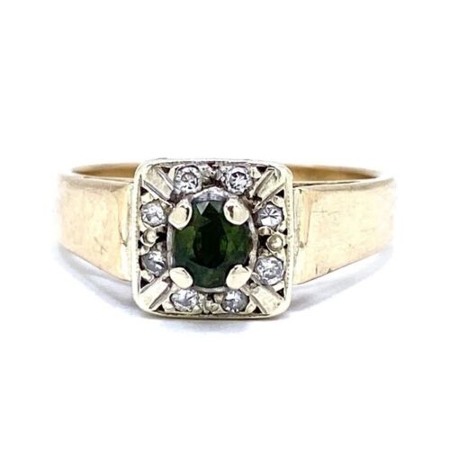 9ct 375 Solitaire Ring W/ Natural Peridot & Diamonds - Size J 1/2 - Picture 1 of 8