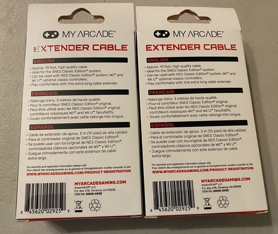 Set of 2 My Arcade 10ft Extender Cable Controller Extension for Wii, NES, SNES - Image 2 of 2