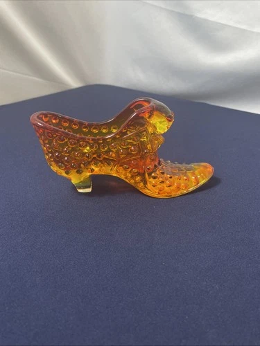 Fenton Amberina Art Glass Hob Nail Slipper with Cat Made In USA Glass Shoe