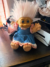 Russ Vintage 1988 Troll Doll 12in White Hair Blue Eyes Denim Dress Outfit