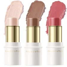 FALOCUTUS 3 Pcs LIGHT-MEDIUM Contour Stick SetCream Blush & Highlighter Bronz...