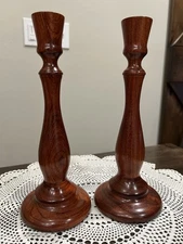 Pair of MCM Hand Turned Wooden / Brass Insert Candlestick Holders 9.75” Tall