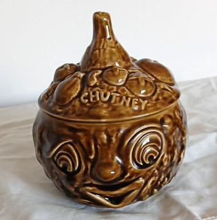 SylvaC Vintage Brown Pottery Chutney Face Pot with Lid 'CHUTNEY' Embossed