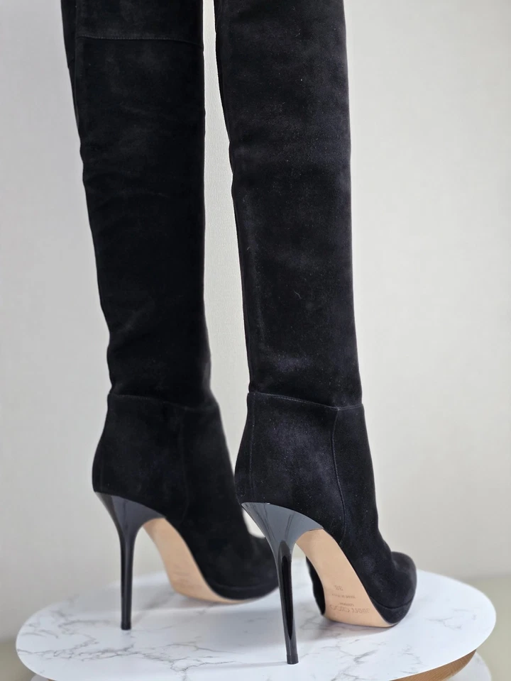 Jimmy Choo Negro Gamuza Sobre la Rodilla Tacón Alto Botas Talla 38 Italia Zapatos Elegantes Foto 4 de 4