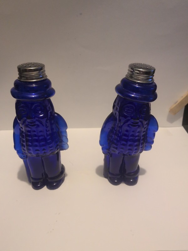 Vintage Cobalt Blue Glass Mr. Peanut Salt and Pepper Shakers 5.5" Tall