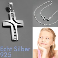 Kinder Taufe Kommunion Konfirmation Zirkonia Kreuz AnhäNger Mit Kette Silber 925