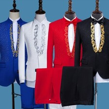 Men Glitter Suit Jacket and Pants Set Dinner Wedding Formal Evening Blazer Retro
